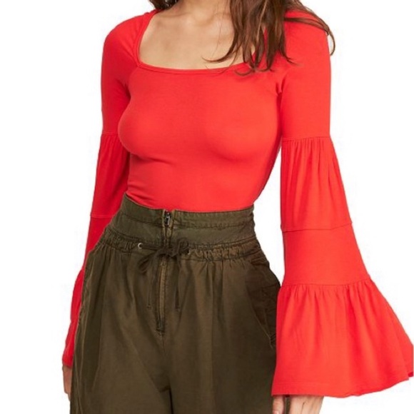 Free People Tops - FREE PEOPLE Babetown Red Bell Sleeve Square Neck Top NEW
